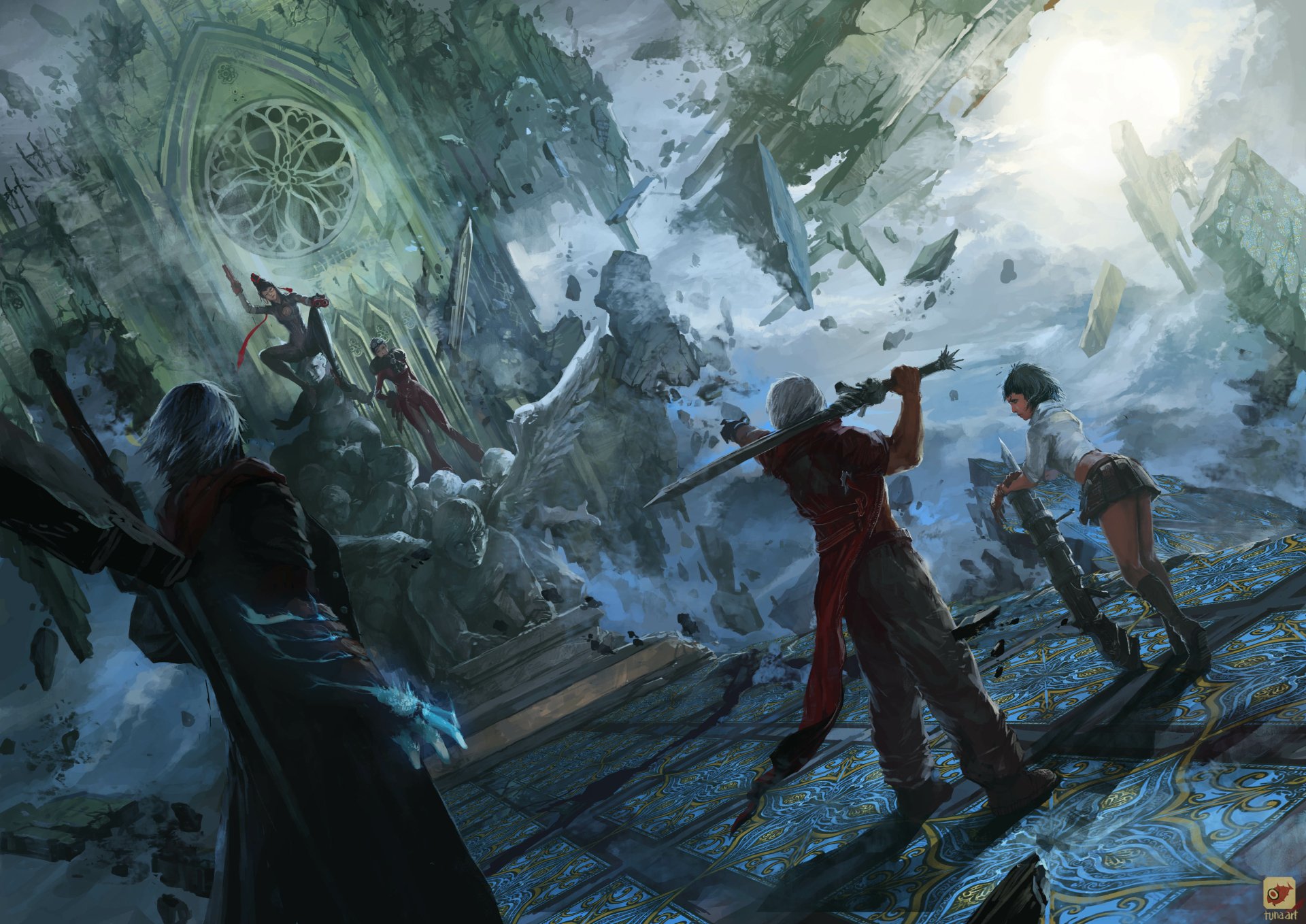 A dynamic crossover scene featuring Bayonetta and characters from Devil May Cry, set in a mystical landscape amidst a backdrop of chaos, captured in vibrant 4K Ultra HD.