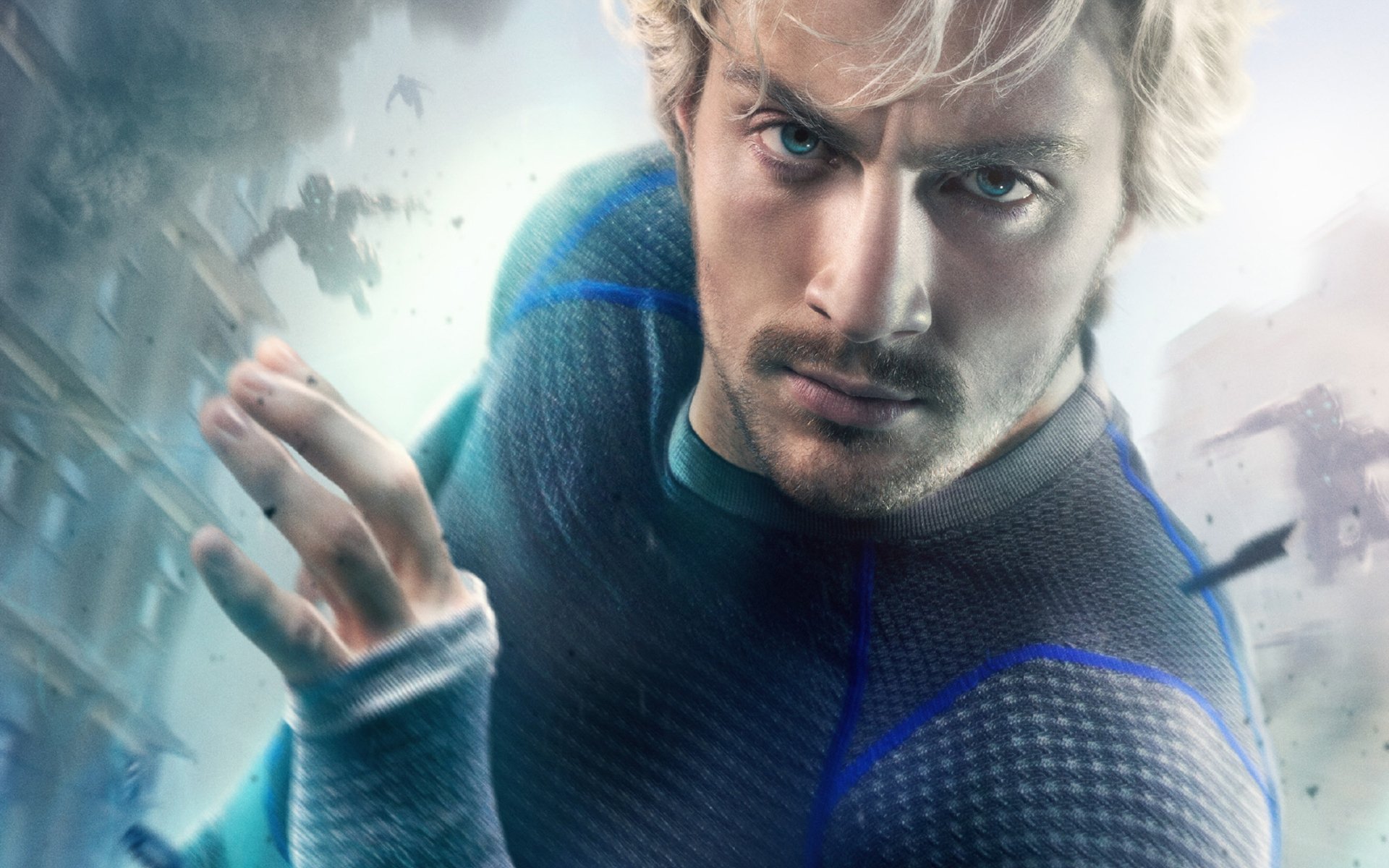 HD desktop wallpaper featuring Quicksilver, portrayed by Aaron Taylor-Johnson in the movie Avengers: Age of Ultron, from Marvel Comics. Quicksilver is in motion with a determined expression.