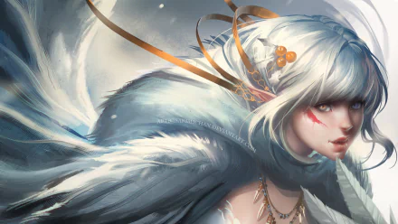 A fantasy-themed HD desktop wallpaper featuring a woman with striking wings, adorned with elegant accessories and a captivating gaze, set against a dreamy backdrop.