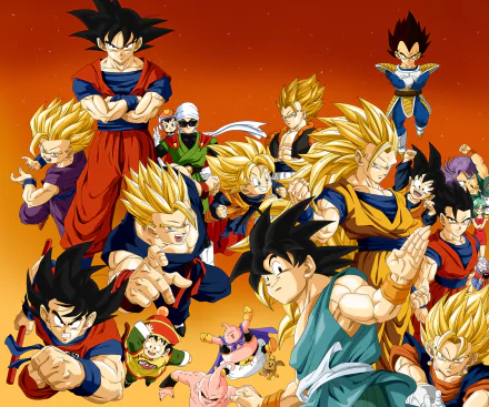 HD desktop wallpaper featuring Dragon Ball Z characters including Goku, Vegeta, Gohan, Trunks, Goten, Videl, and Majin Buu in dynamic poses against a vibrant background.