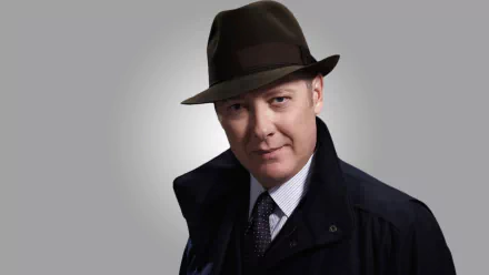 HD PC desktop wallpaper for the TV show The Blacklist: portrait of a man in a fedora and dark coat against a soft gray background.