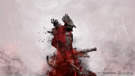 A dramatic HD wallpaper from the video game Bloodborne, featuring a shadowy figure in red and black, wielding a firearm against a misty background.