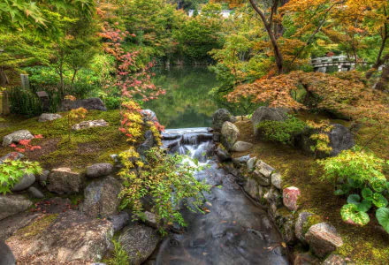HD wallpaper of The Harmony Garden in Kyoto, Japan, showcasing a serene autumn scene with lush foliage, a small waterfall, and rocks in a meticulously maintained park.
