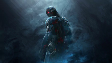 HD desktop wallpaper of Ultron from Avengers: Age of Ultron, depicted in a smoky environment, highlighting the robotic features and menacing aura.