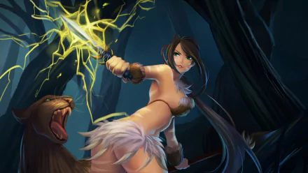 Nidalee from League of Legends wielding a glowing spear in a dark forest, accompanied by a fierce animal, creating an intense atmosphere for this HD desktop wallpaper.