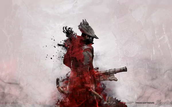 A dramatic HD wallpaper from the video game Bloodborne, featuring a shadowy figure in red and black, wielding a firearm against a misty background.