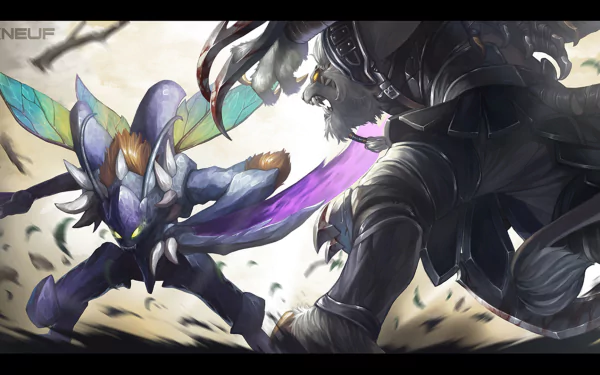 HD League of Legends desktop wallpaper featuring an intense fight between Rengar and Kha'Zix, showcasing dynamic action and vivid character details from the video game.