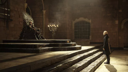 Tywin Lannister and Joffrey Baratheon from Game of Thrones face each other in a dimly lit throne room, captured in a 4K Ultra HD desktop wallpaper.