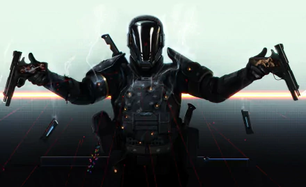 HD desktop wallpaper featuring a sci-fi soldier in armor, holding guns, associated with Last Man Standing: Killbook of a Bounty Hunter, set against a futuristic background.