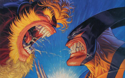 HD desktop wallpaper featuring an intense showdown between superheroes Sabertooth and Wolverine from a comic scene with detailed, vibrant artwork.