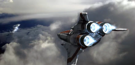 TV show Battlestar Galactica (2003) Viper fighter streaks above cloud tops with glowing engines — 2K Quad HD PC desktop wallpaper/background.