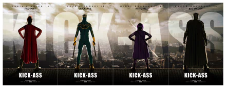 4K Ultra HD PC desktop wallpaper featuring silhouettes of Kick-Ass and Hit-Girl from the movie Kick-Ass, with characters Nicolas Cage, Chloë Grace Moretz, Aaron Taylor-Johnson, and Christopher Mintz-Plasse referenced.