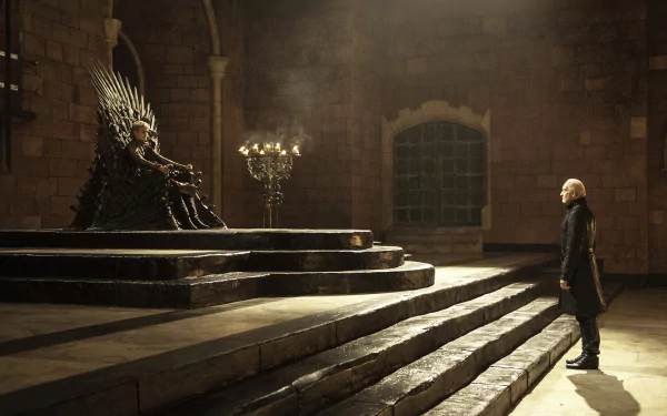 Tywin Lannister and Joffrey Baratheon from Game of Thrones face each other in a dimly lit throne room, captured in a 4K Ultra HD desktop wallpaper.