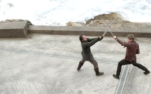 4K Ultra HD desktop wallpaper featuring Jerome Flynn as Bronn and Nikolaj Coster-Waldau as Jaime Lannister dueling in Game of Thrones.