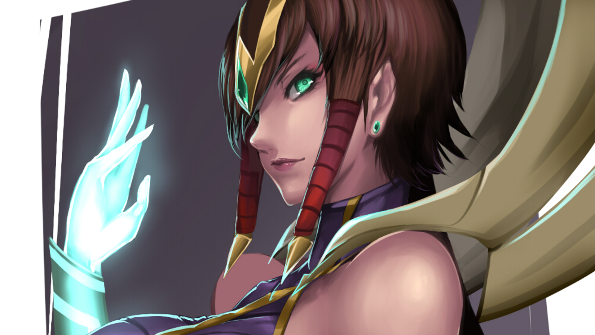 HD desktop wallpaper featuring Karma from League of Legends, depicted using glowing magic with a focused expression in a detailed video game art style.