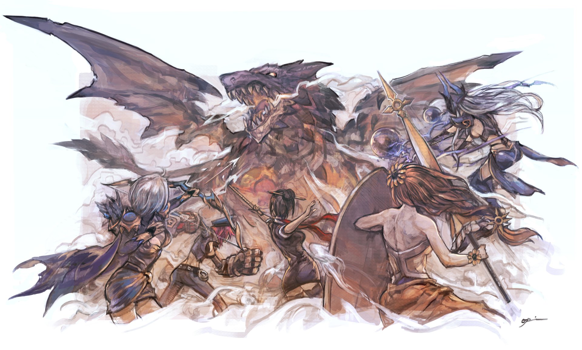 A dynamic battle scene from League of Legends featuring champions Syndra, Leona, Fiora, and Ashe facing a fierce dragon, set in stunning 4K Ultra HD quality.