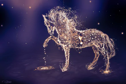 A stunning HD desktop wallpaper featuring a magical horse created from sparkling light and water, gracefully poised above a shimmering surface, set against a starry background.
