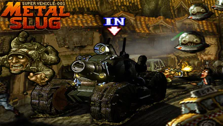 HD PC desktop wallpaper featuring intense action from the video game Metal Slug XX, showcasing a heavily armored tank amidst a dynamic battle scene.