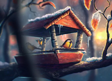 Artistic HD desktop wallpaper featuring a bird in a snowy birdhouse, beautifully illuminated amidst a serene, wintry landscape.