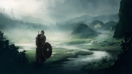 HD wallpaper from Dark Souls II featuring a warrior in armor standing in a misty, moonlit landscape with lush greenery and distant hills.
