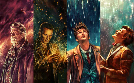 A vibrant HD wallpaper featuring iconic characters from the TV show Doctor Who (2005), capturing the essence of time travel and adventure through stunning artwork.