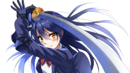 Umi Sonoda from Love Live! wields a sword with confidence, her flowing blue hair and determined expression captured in this vibrant HD anime wallpaper.