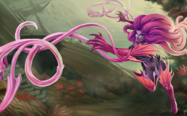 Zyra from League of Legends unleashes vibrant tendrils in a dynamic 4K Ultra HD video game wallpaper, showcasing vivid colors and detailed fantasy art.