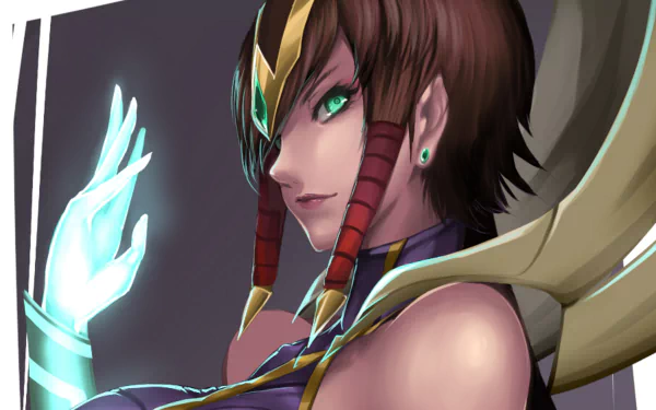 HD desktop wallpaper featuring Karma from League of Legends, depicted using glowing magic with a focused expression in a detailed video game art style.