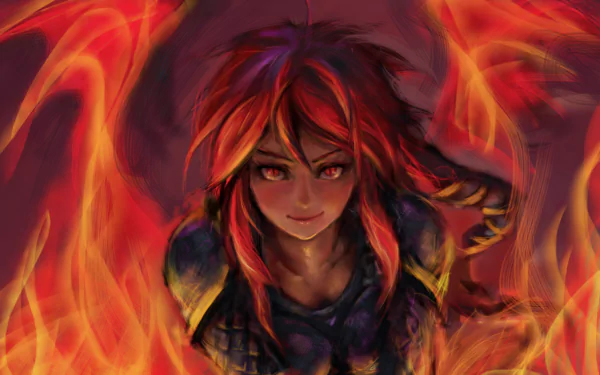 HD desktop wallpaper featuring Shyvana from League of Legends, surrounded by fierce flames, highlighting her fiery spirit and powerful presence in the video game.