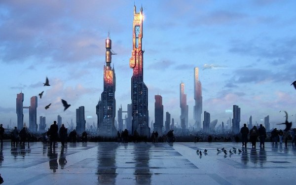 Ciencia ficción Ciudad Edificio Cityscape Futurista París Paloma Cielo Fondo de pantalla HD | Fondo de Escritorio
