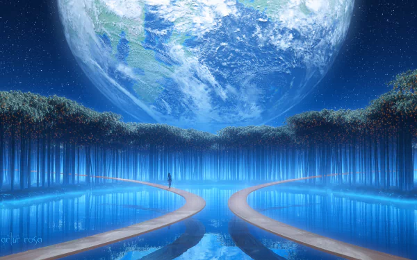 Abstract digital art depicting a serene blue forest with a winding path reflected on a still lake, set against a colossal luminous planet in the sky, designed as an HD PC desktop wallpaper.