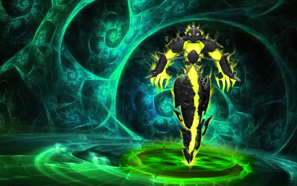 HD PC desktop wallpaper featuring Xerath from League of Legends, glowing with electric energy against a mystical green and blue fractal background.