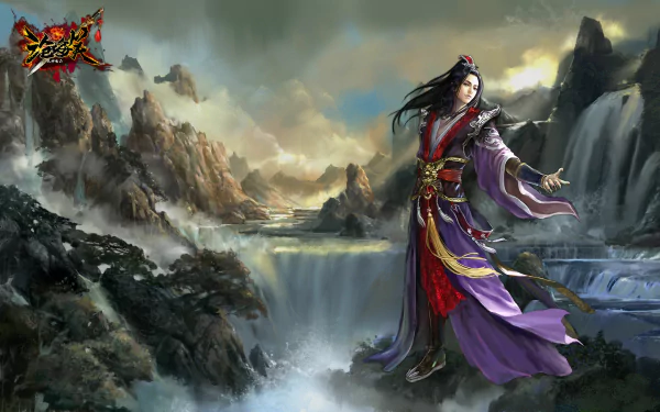 A majestic video game character in traditional attire stands by a cascading waterfall within a dramatic mountainous landscape, rendered as an HD PC desktop wallpaper.
