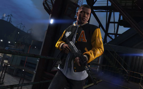 HD desktop wallpaper featuring Franklin Clinton from the video game Grand Theft Auto V, holding a rifle in an industrial area at dusk with a dramatic, dark ambiance.