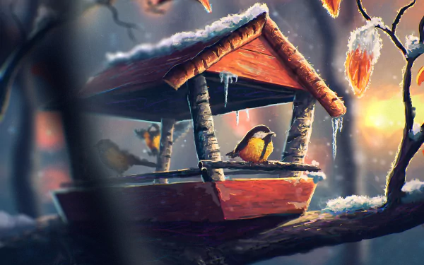 Artistic HD desktop wallpaper featuring a bird in a snowy birdhouse, beautifully illuminated amidst a serene, wintry landscape.