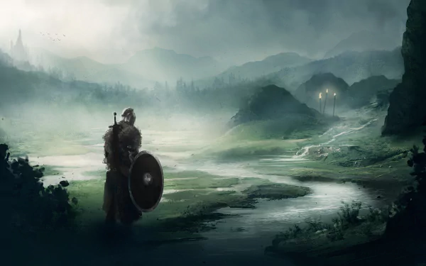 HD wallpaper from Dark Souls II featuring a warrior in armor standing in a misty, moonlit landscape with lush greenery and distant hills.