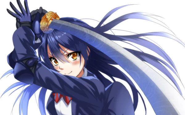 Umi Sonoda from Love Live! wields a sword with confidence, her flowing blue hair and determined expression captured in this vibrant HD anime wallpaper.