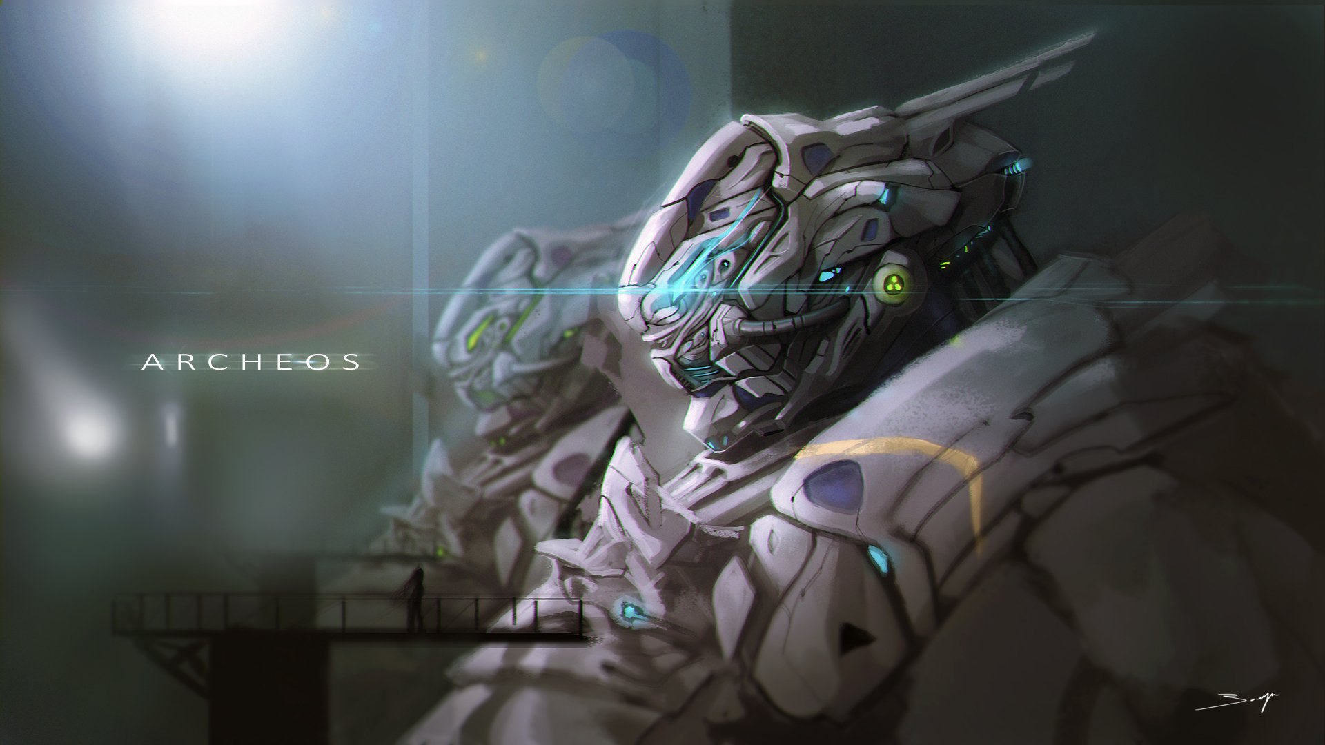 Sci-fi HD PC desktop wallpaper: armored robotic mech heads with glowing cyan accents in a misty industrial hangar, ARCHEOS logo.