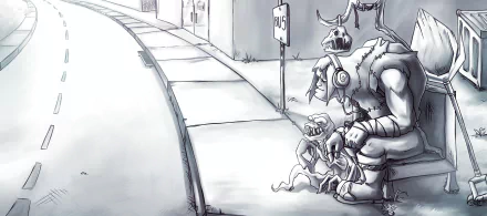 2K Quad HD PC desktop wallpaper: Yorick (League of Legends) sketch in grayscale, clutching minions near a bus stop — video game League of Legends background.