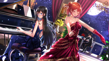 HD wallpaper featuring Yukino Yukinoshita in a blue dress at the piano, Yui Yuigahama in a red dress, and Hachiman Hikigaya, from My Teen Romantic Comedy SNAFU, set against a starry night backdrop.