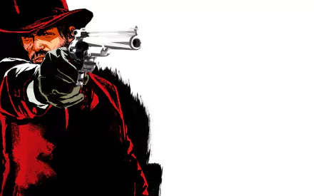 Red Dead Redemption video game artwork: high-contrast red-and-black gunslinger pointing a revolver on white background — 2K Quad HD PC desktop wallpaper/background.