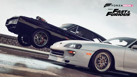 Two iconic cars from the Fast & Furious franchise race in Forza Horizon 2, showcased in a dynamic HD PC desktop wallpaper setting.