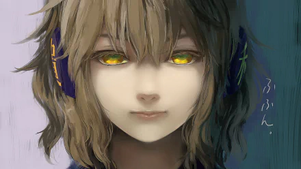 A close-up of Toyosatomimi no Miko from the Touhou series, featuring short brunette hair and striking yellow eyes, accessorized with headphones, presented as an HD anime wallpaper.