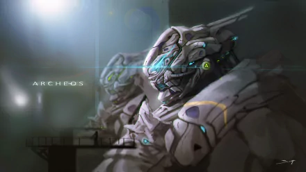 Sci-fi HD PC desktop wallpaper: armored robotic mech heads with glowing cyan accents in a misty industrial hangar, ARCHEOS logo.