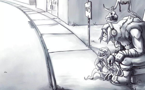 2K Quad HD PC desktop wallpaper: Yorick (League of Legends) sketch in grayscale, clutching minions near a bus stop — video game League of Legends background.