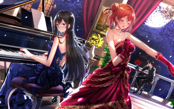 HD wallpaper featuring Yukino Yukinoshita in a blue dress at the piano, Yui Yuigahama in a red dress, and Hachiman Hikigaya, from My Teen Romantic Comedy SNAFU, set against a starry night backdrop.
