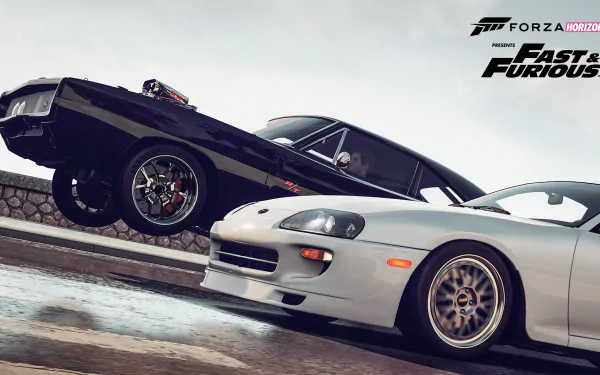 Two iconic cars from the Fast & Furious franchise race in Forza Horizon 2, showcased in a dynamic HD PC desktop wallpaper setting.
