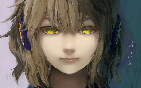 A close-up of Toyosatomimi no Miko from the Touhou series, featuring short brunette hair and striking yellow eyes, accessorized with headphones, presented as an HD anime wallpaper.