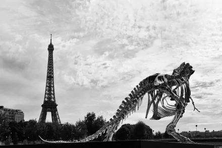 Vintage monochrome 5K Ultra HD PC wallpaper: Tyrannosaurus rex skeleton posed beside the man-made Eiffel Tower against a dramatic black-and-white Paris skyline.
