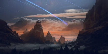 HD fantasy landscape depicting a dramatic rocky terrain under a twilight sky with glowing comet trails, creating an ethereal and otherworldly atmosphere.